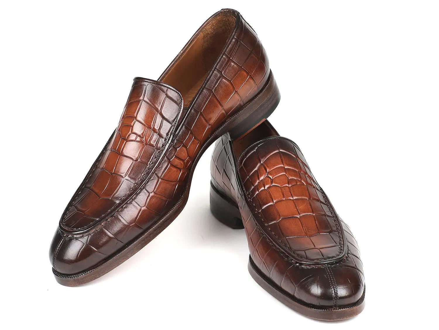 Paul Parkman Men's Brown Burnished Crocodile Embossed Calfskin Loafers (ID#7339-BRW) PAUL PARKMAN