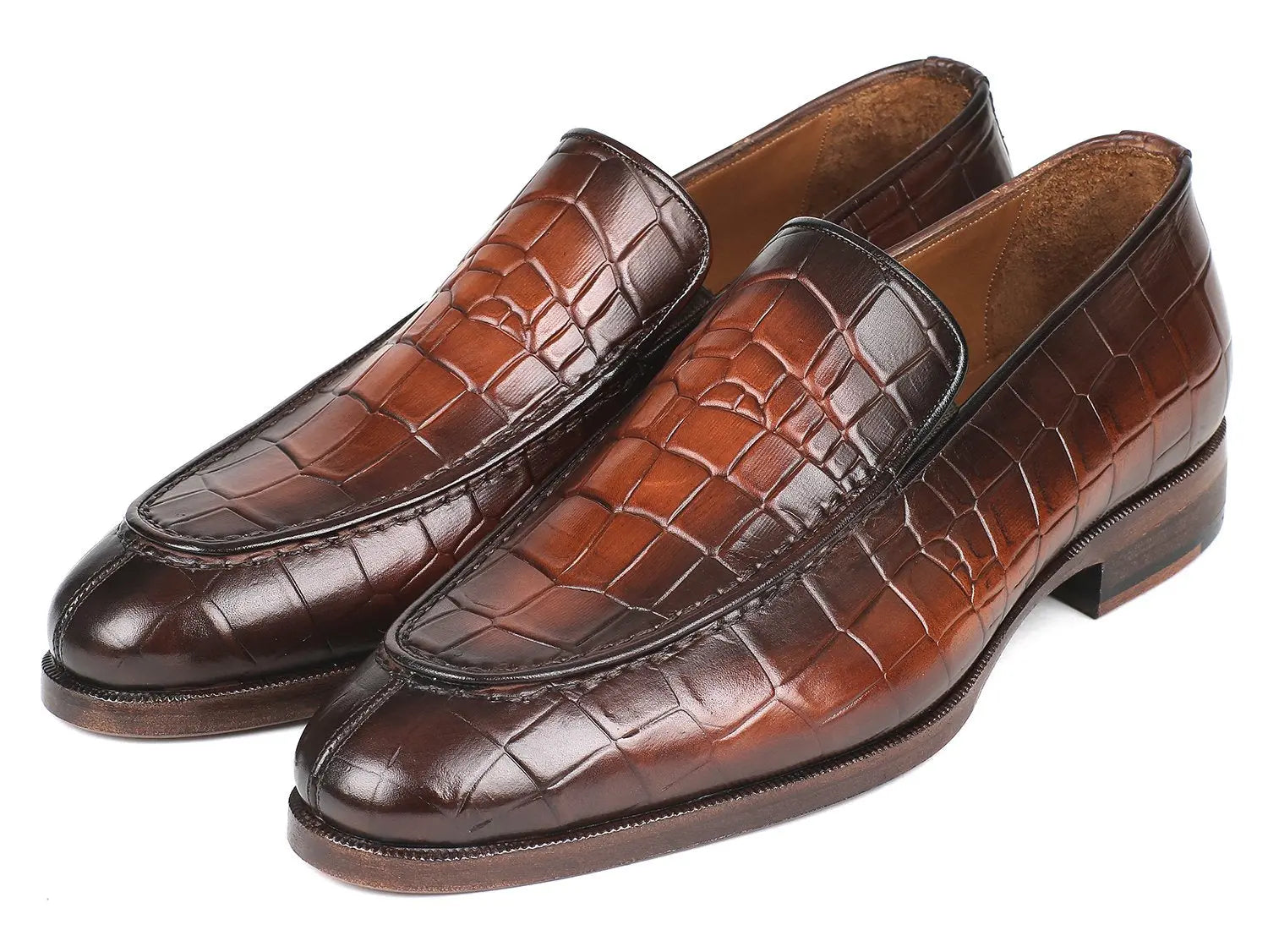 Paul Parkman Men's Brown Burnished Crocodile Embossed Calfskin Loafers (ID#7339-BRW) PAUL PARKMAN