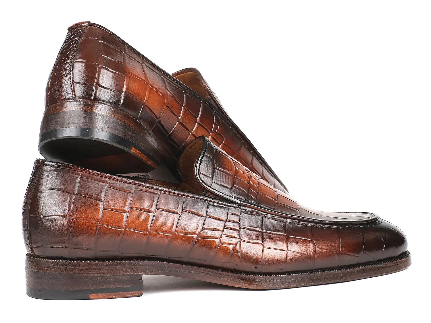 Paul Parkman Men's Brown Burnished Crocodile Embossed Calfskin Loafers (ID#7339-BRW) PAUL PARKMAN