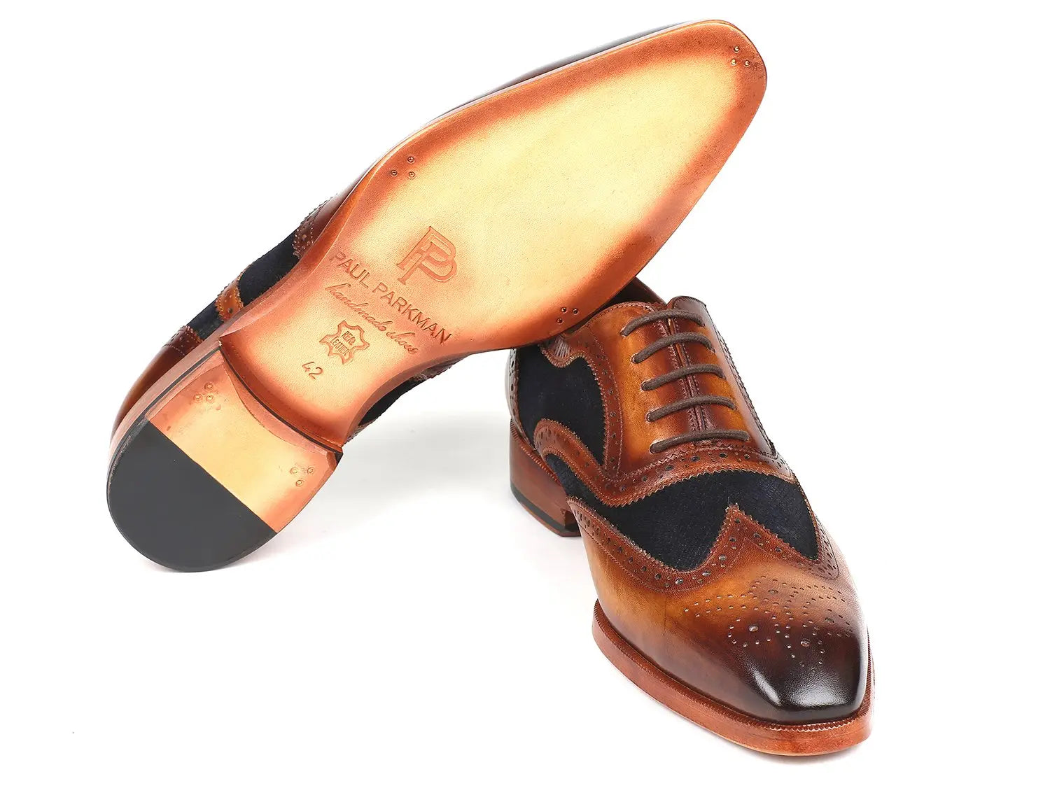 Paul Parkman Men's Brown/Navy Suede Genuine Leather Wingtip Oxfords (ID#228NV65) PAUL PARKMAN