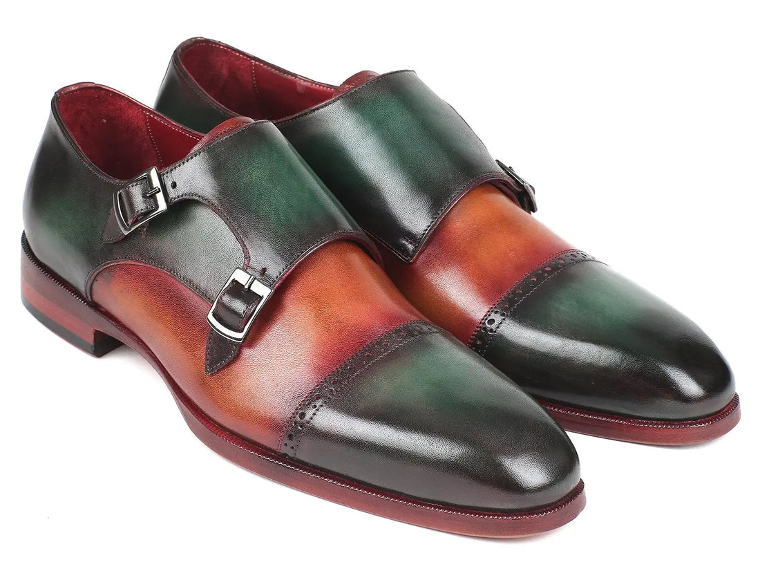 Paul Parkman Men's Green/Camel Cap Toe Double Monk strap Shoes (ID#045GC61) PAUL PARKMAN