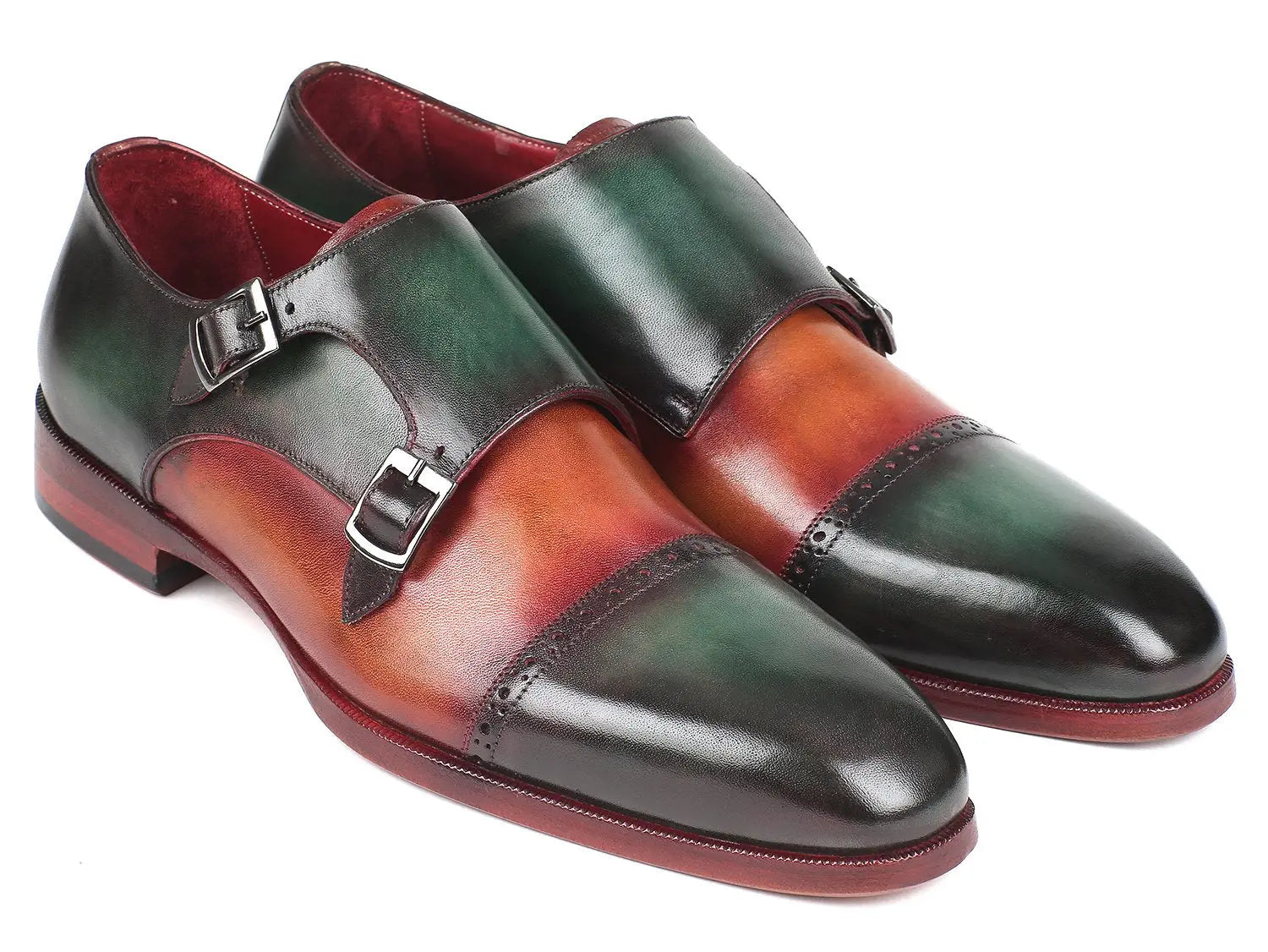Paul Parkman Men's Green/Camel Cap Toe Double Monk strap Shoes (ID#045GC61) PAUL PARKMAN