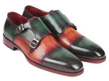 Paul Parkman Men's Green/Camel Cap Toe Double Monk strap Shoes (ID#045GC61) PAUL PARKMAN