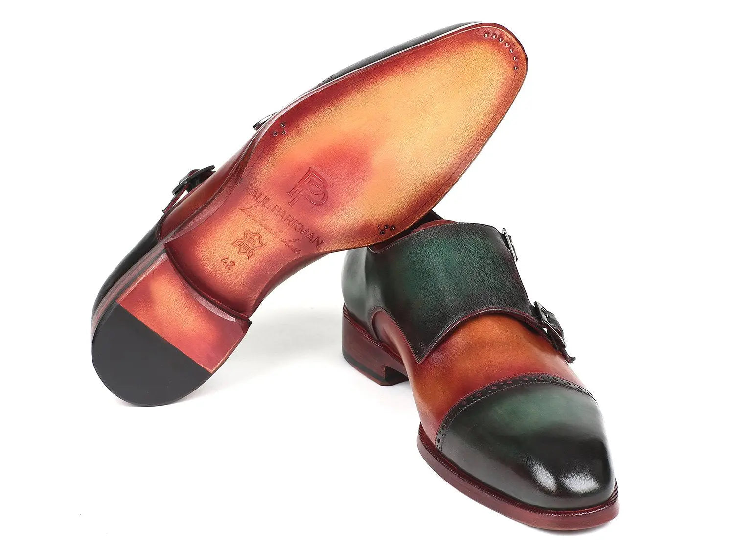 Paul Parkman Men's Green/Camel Cap Toe Double Monk strap Shoes (ID#045GC61) PAUL PARKMAN