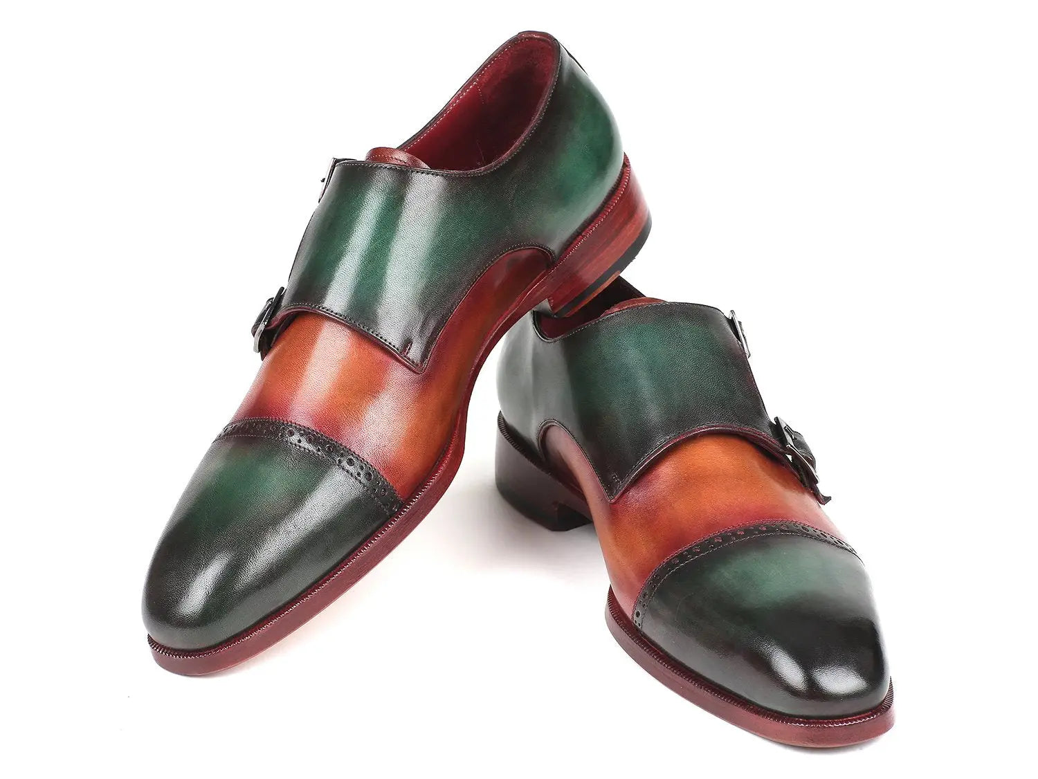 Paul Parkman Men's Green/Camel Cap Toe Double Monk strap Shoes (ID#045GC61) PAUL PARKMAN