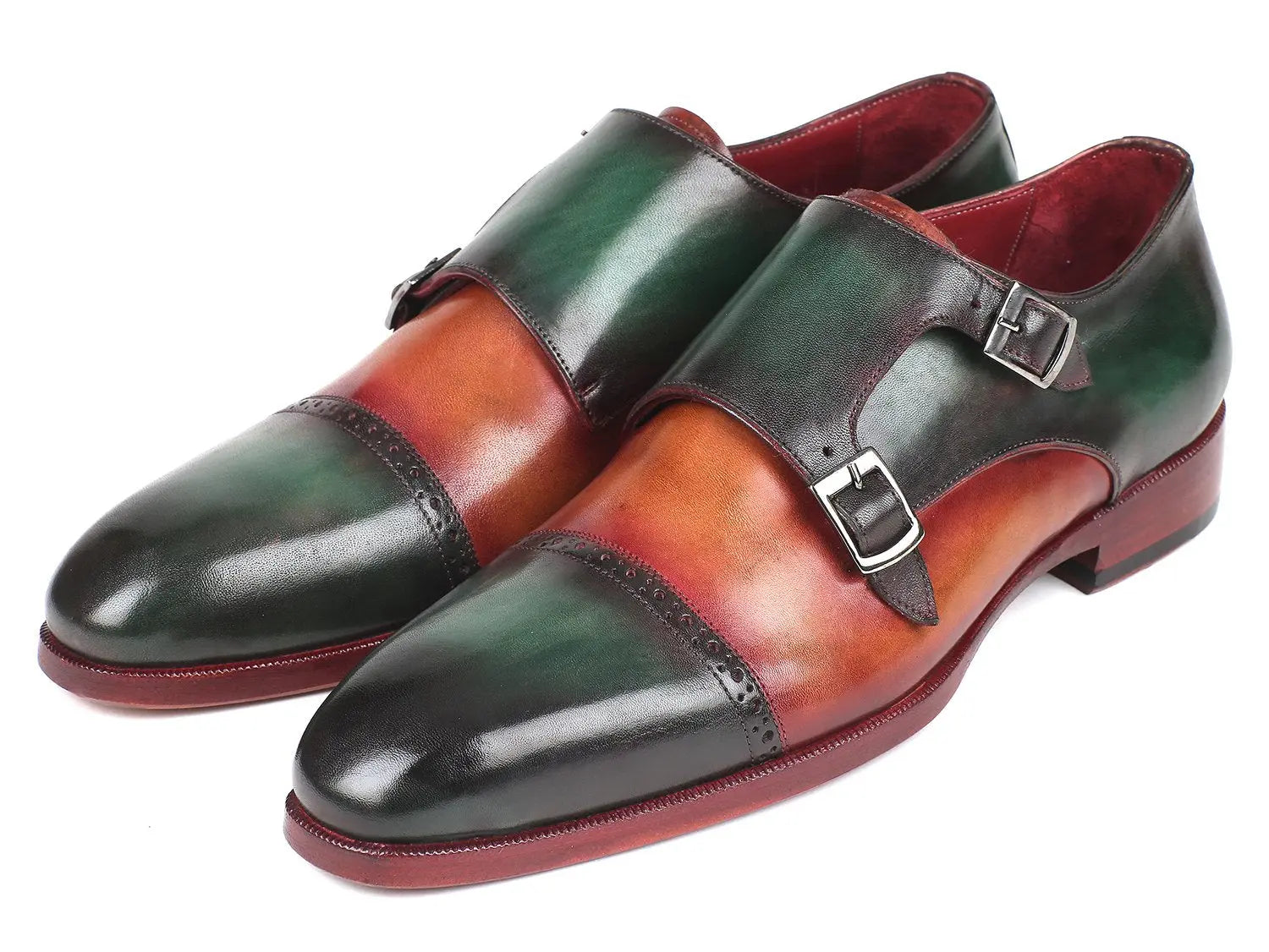 Paul Parkman Men's Green/Camel Cap Toe Double Monk strap Shoes (ID#045GC61) PAUL PARKMAN