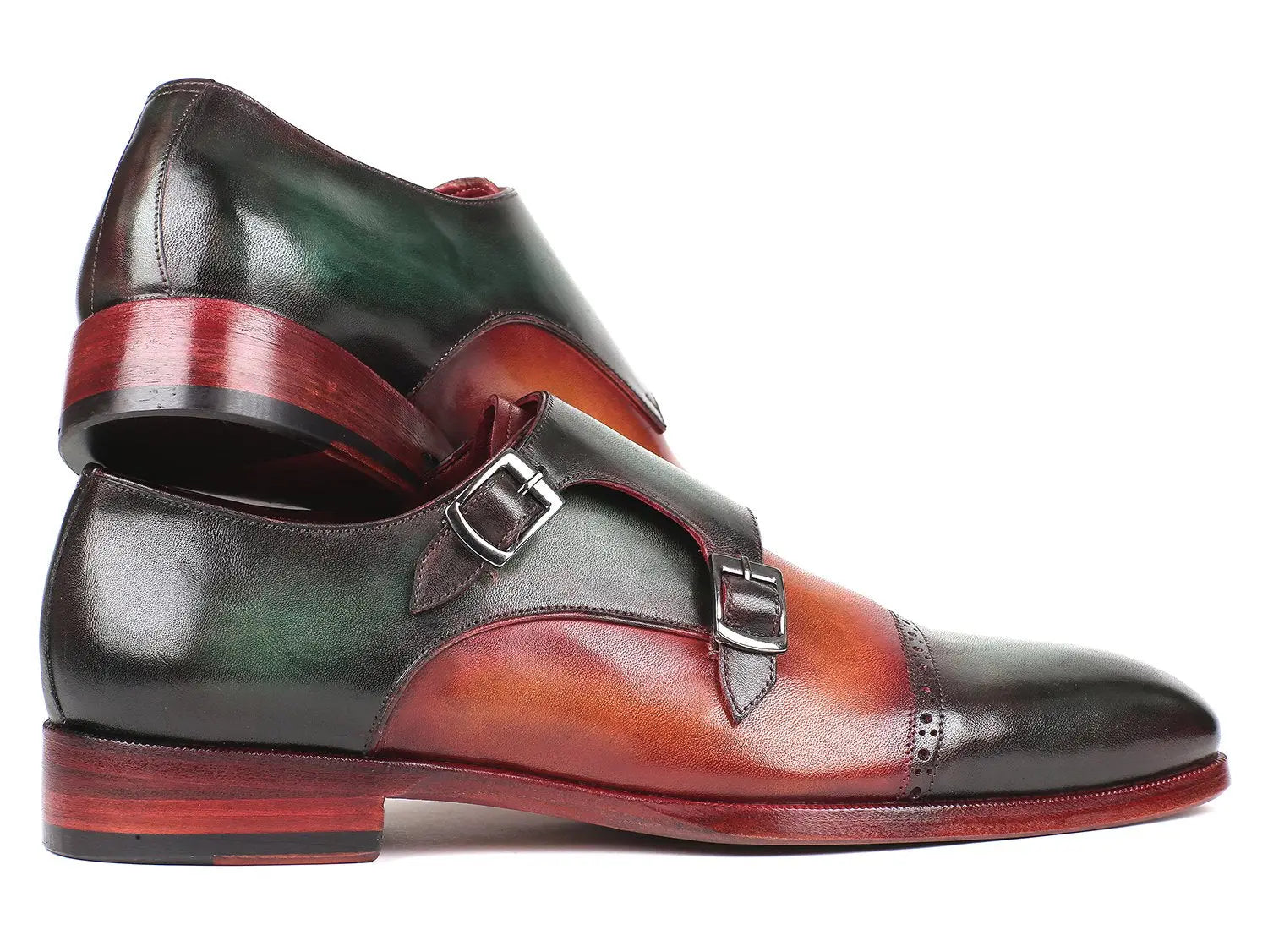Paul Parkman Men's Green/Camel Cap Toe Double Monk strap Shoes (ID#045GC61) PAUL PARKMAN