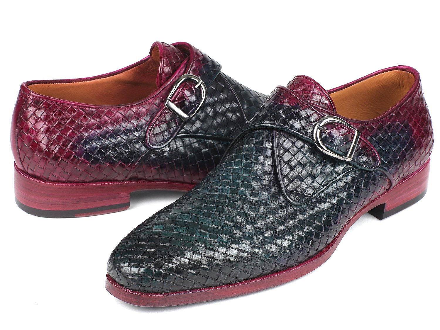 Paul Parkman Purple & Green Woven Leather Single Monkstraps (ID#011WN28) PAUL PARKMAN