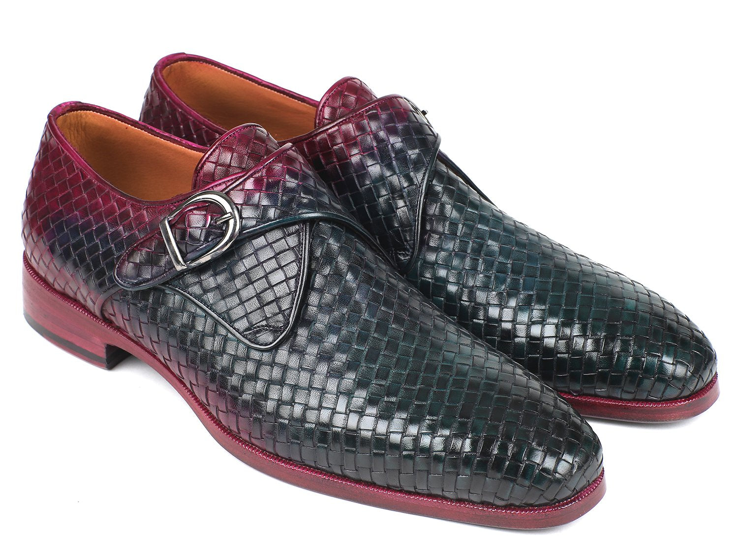 Paul Parkman Purple & Green Woven Leather Single Monkstraps (ID#011WN28) PAUL PARKMAN