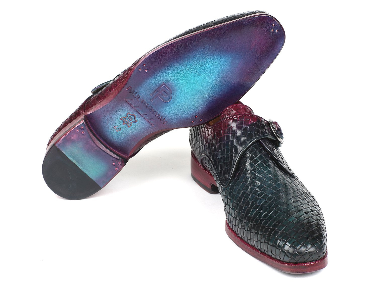 Paul Parkman Purple & Green Woven Leather Single Monkstraps (ID#011WN28) PAUL PARKMAN