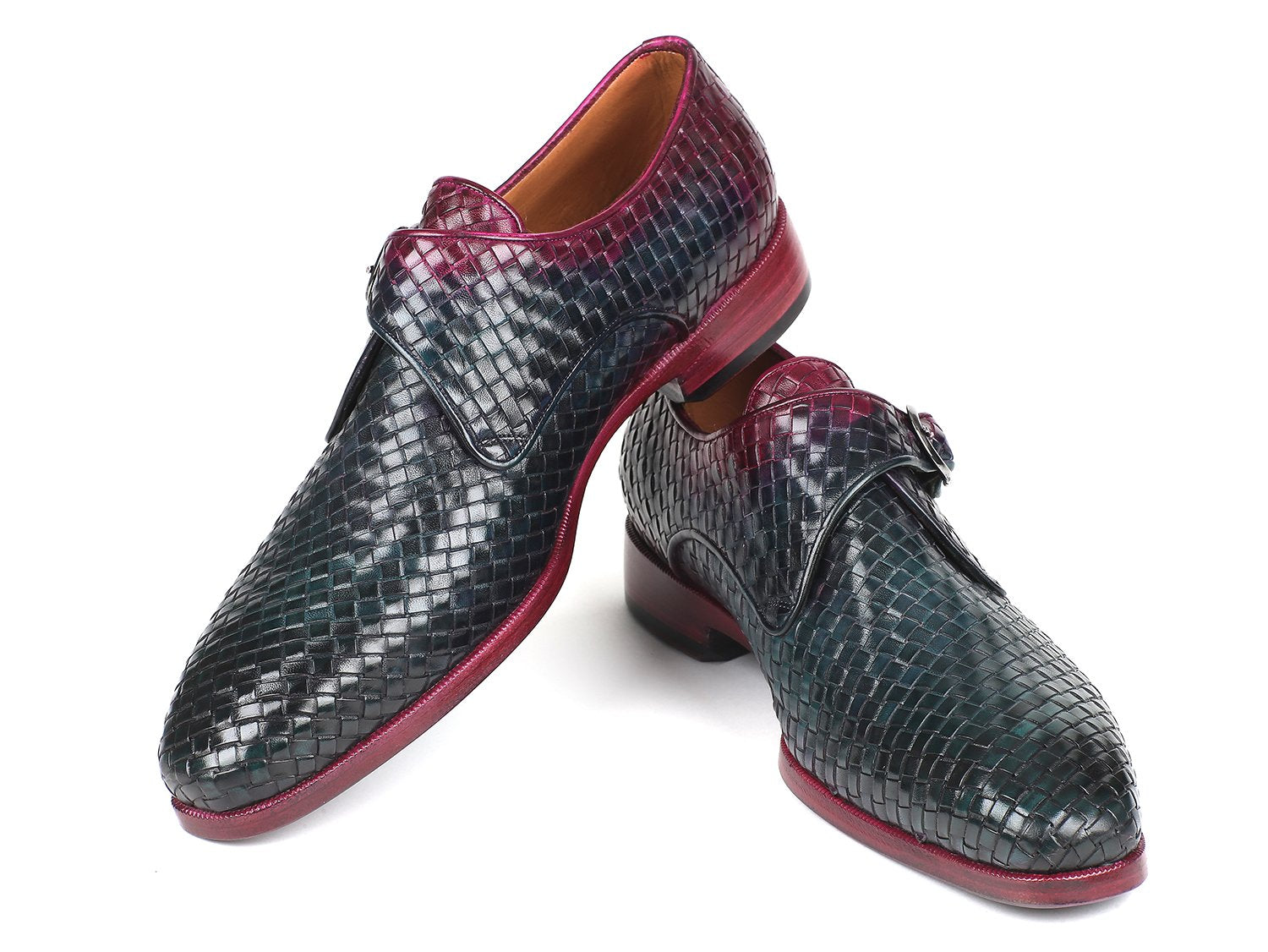 Paul Parkman Purple & Green Woven Leather Single Monkstraps (ID#011WN28) PAUL PARKMAN