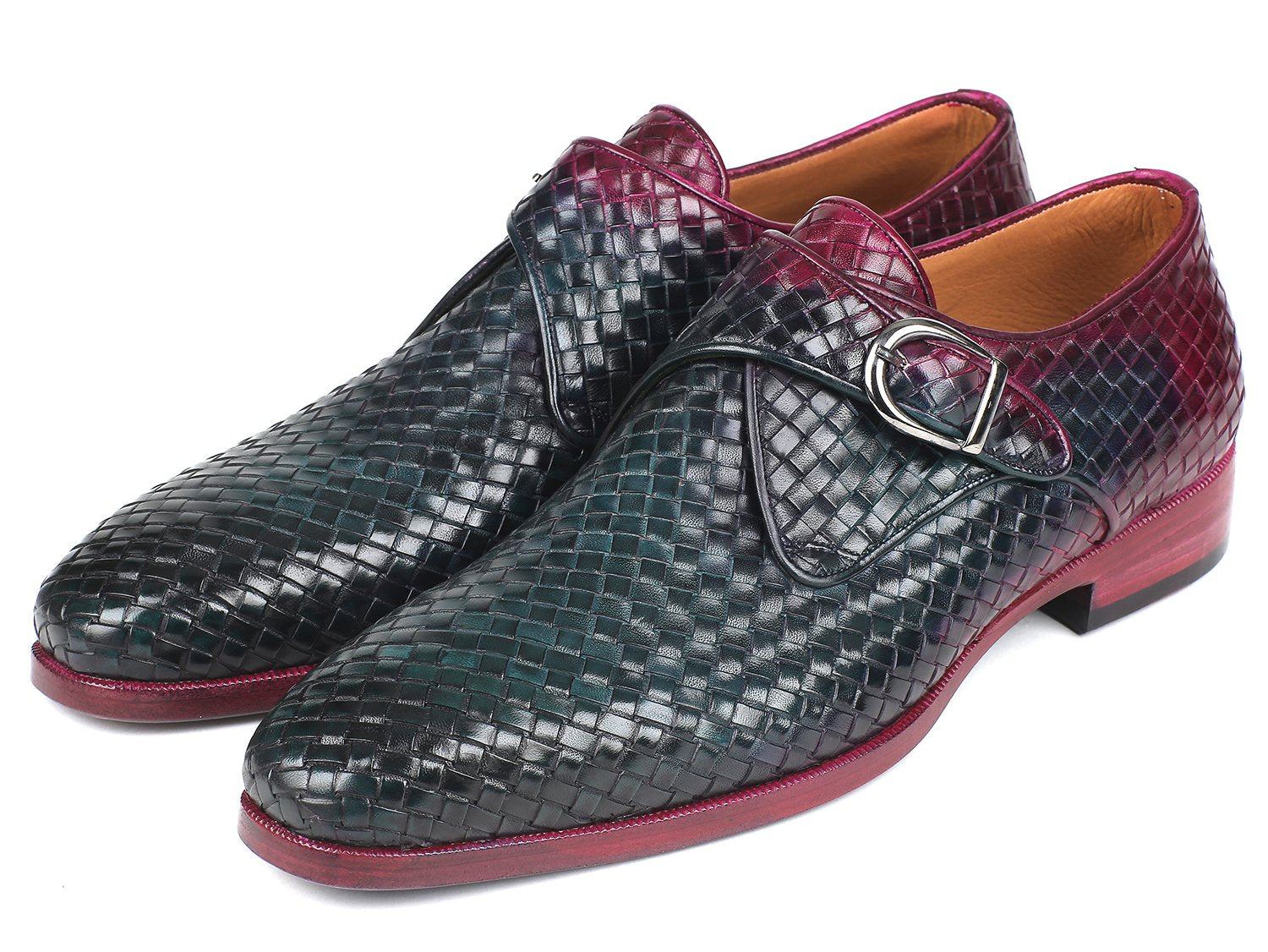 Paul Parkman Purple & Green Woven Leather Single Monkstraps (ID#011WN28) PAUL PARKMAN