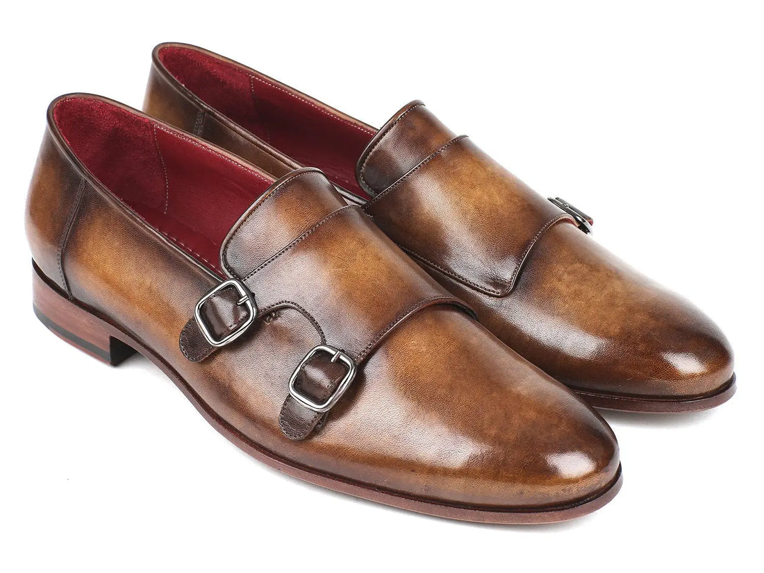 Paul Parkman Men's Olive Hand-Painted Calfskin Double Monk strap Shoes (ID#HR67LV) PAUL PARKMAN