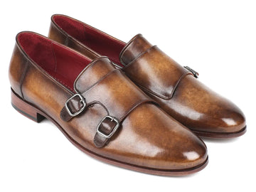 Paul Parkman Men's Olive Hand-Painted Calfskin Double Monk strap Shoes (ID#HR67LV) PAUL PARKMAN