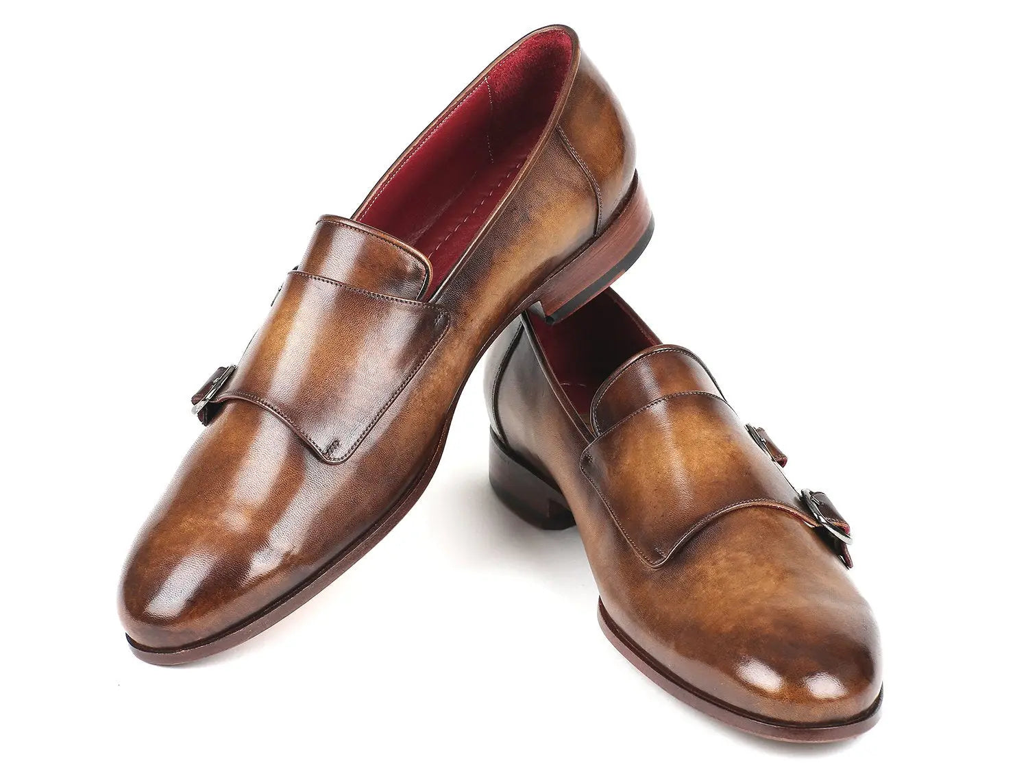 Paul Parkman Men's Olive Hand-Painted Calfskin Double Monk strap Shoes (ID#HR67LV) PAUL PARKMAN