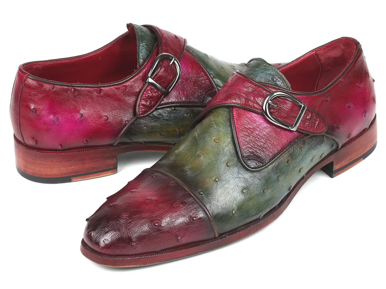 Paul Parkman Men's Green/Purple Genuine Ostrich Monk Strap Shoes (ID#91Z68) PAUL PARKMAN