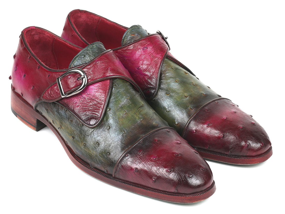 Paul Parkman Men's Green/Purple Genuine Ostrich Monk Strap Shoes (ID#91Z68)