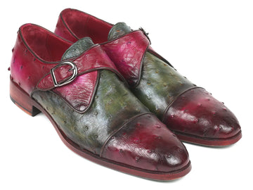 Paul Parkman Men's Green/Purple Genuine Ostrich Monk Strap Shoes (ID#91Z68) PAUL PARKMAN