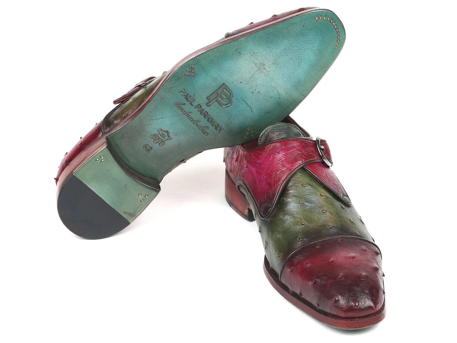 Paul Parkman Men's Green/Purple Genuine Ostrich Monk Strap Shoes (ID#91Z68) PAUL PARKMAN