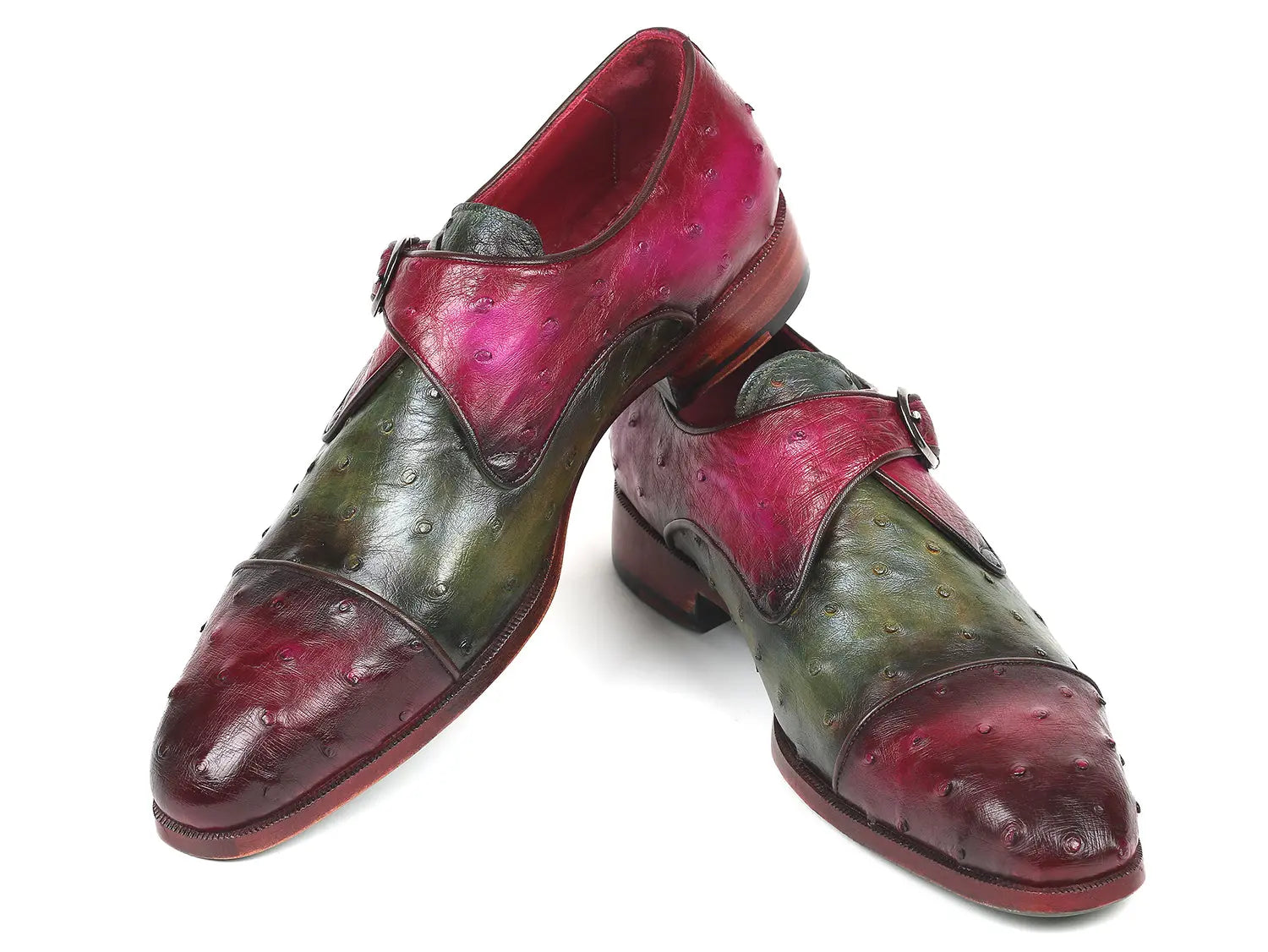 Paul Parkman Men's Green/Purple Genuine Ostrich Monk Strap Shoes (ID#91Z68) PAUL PARKMAN