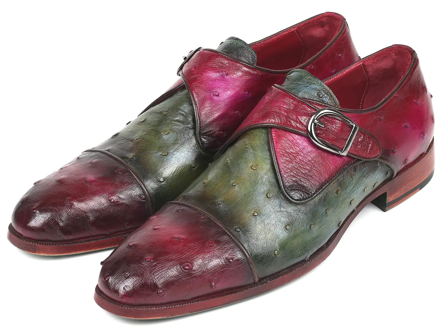 Paul Parkman Men's Green/Purple Genuine Ostrich Monk Strap Shoes (ID#91Z68) PAUL PARKMAN