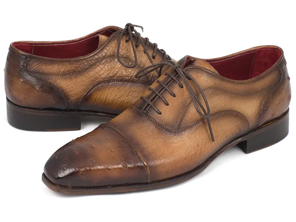 Paul Parkman Men's Camel Genuine Ostrich Captoe Oxfords (ID#24XS-CML) PAUL PARKMAN