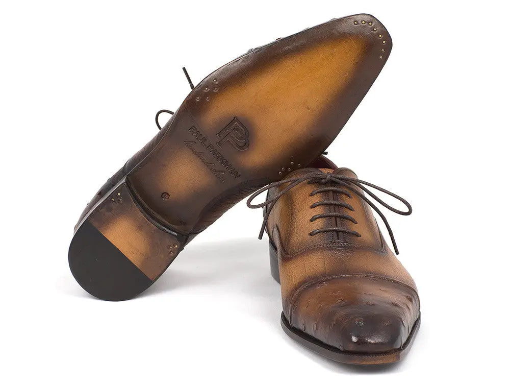 Paul Parkman Men's Camel Genuine Ostrich Captoe Oxfords (ID#24XS-CML) PAUL PARKMAN