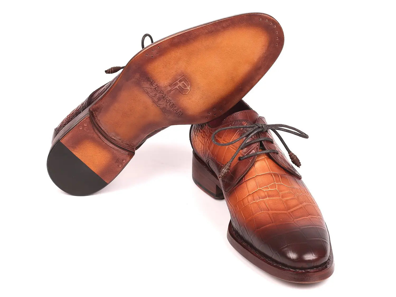 Paul Parkman Men's Brown Crocodile Embossed Calfskin Goodyear Welted Derby Shoes (ID#5286BRW) PAUL PARKMAN