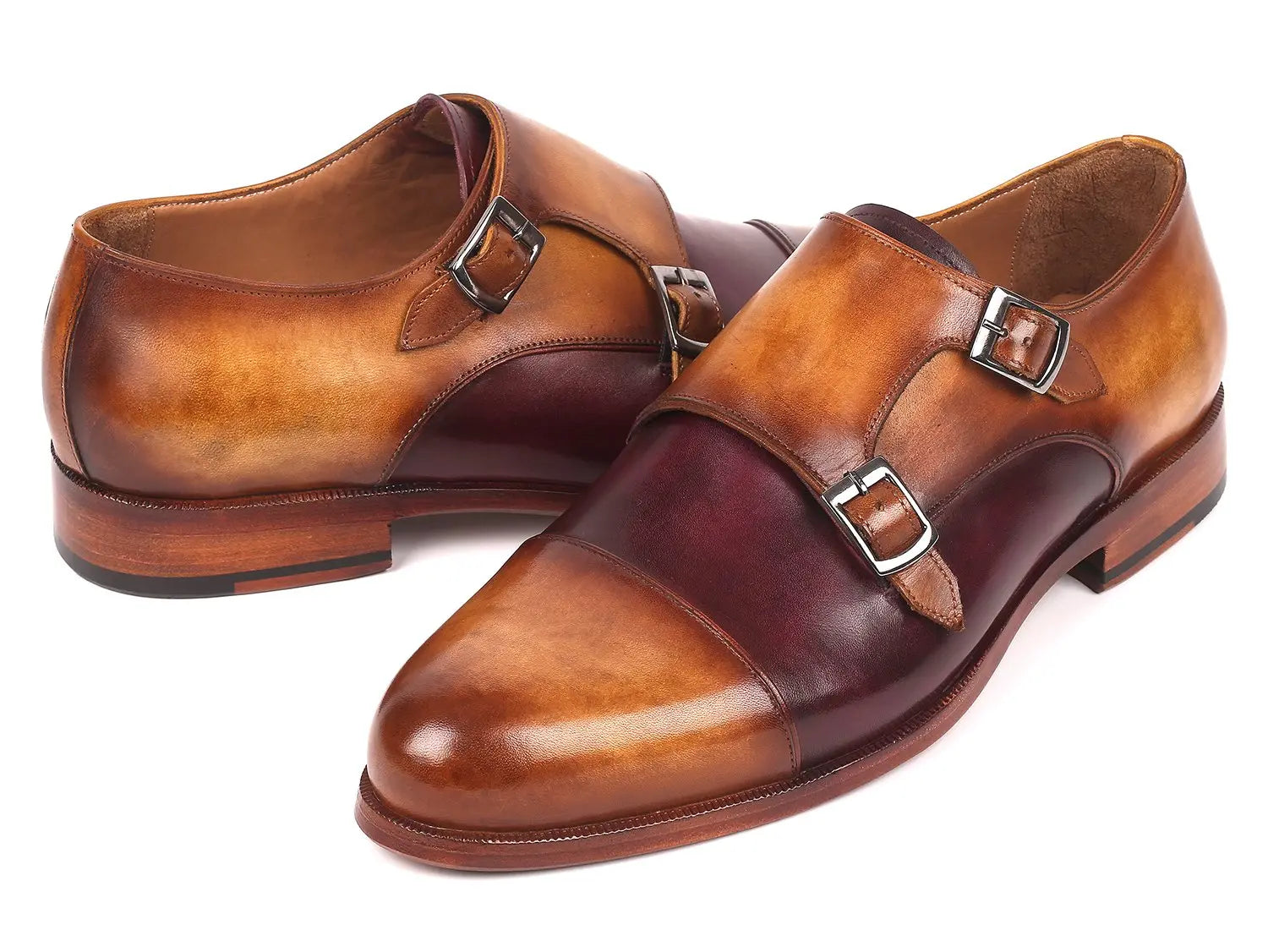 Paul Parkman Men's Brown/Purple Cap Toe Double Monk strap Shoes (ID#045BP17) PAUL PARKMAN