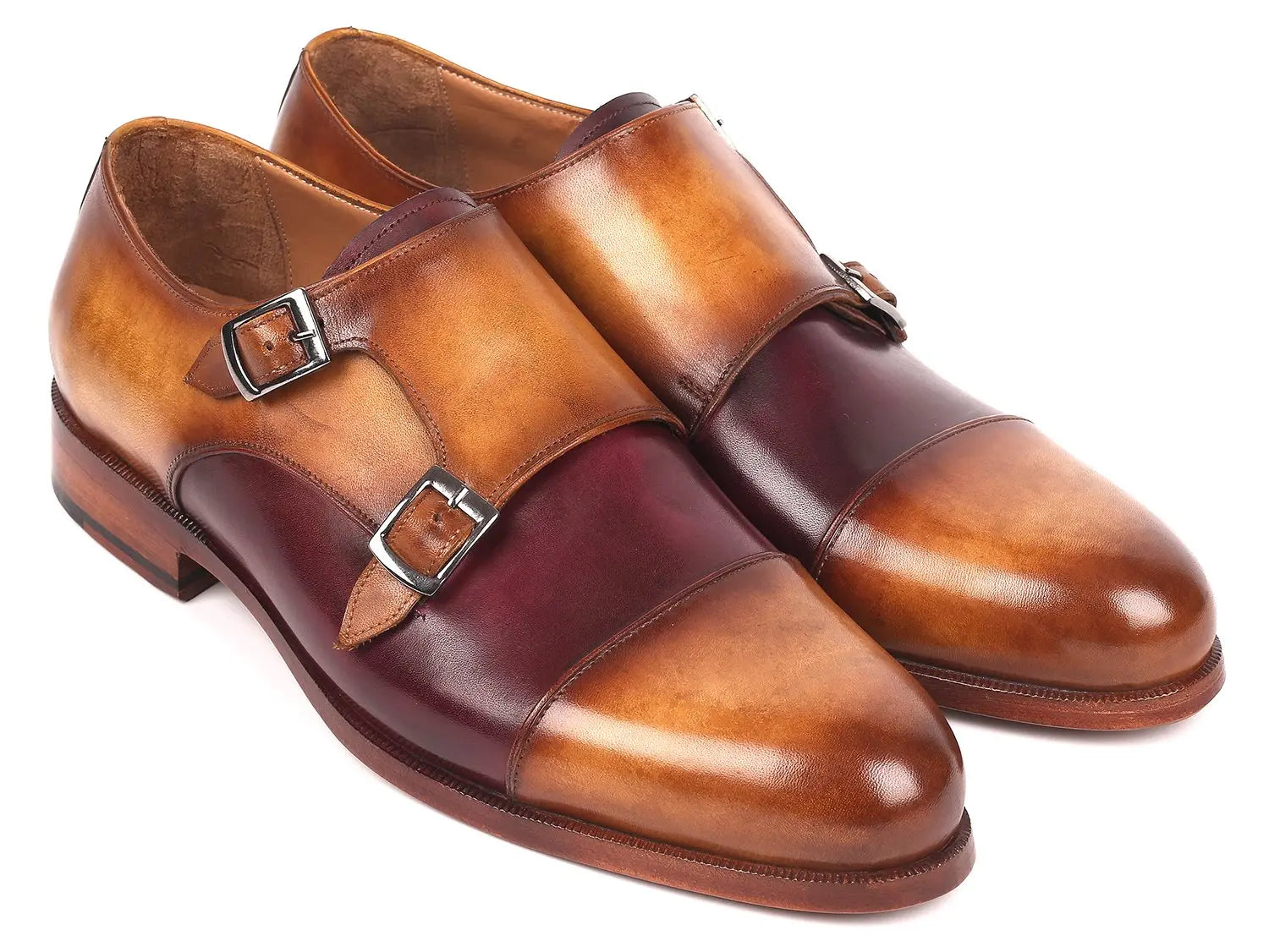 Paul Parkman Men's Brown/Purple Cap Toe Double Monk strap Shoes (ID#045BP17) PAUL PARKMAN