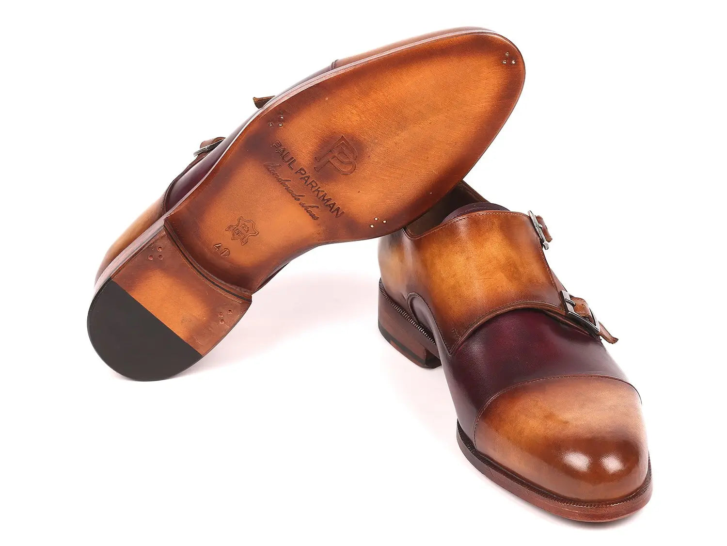 Paul Parkman Men's Brown/Purple Cap Toe Double Monk strap Shoes (ID#045BP17) PAUL PARKMAN
