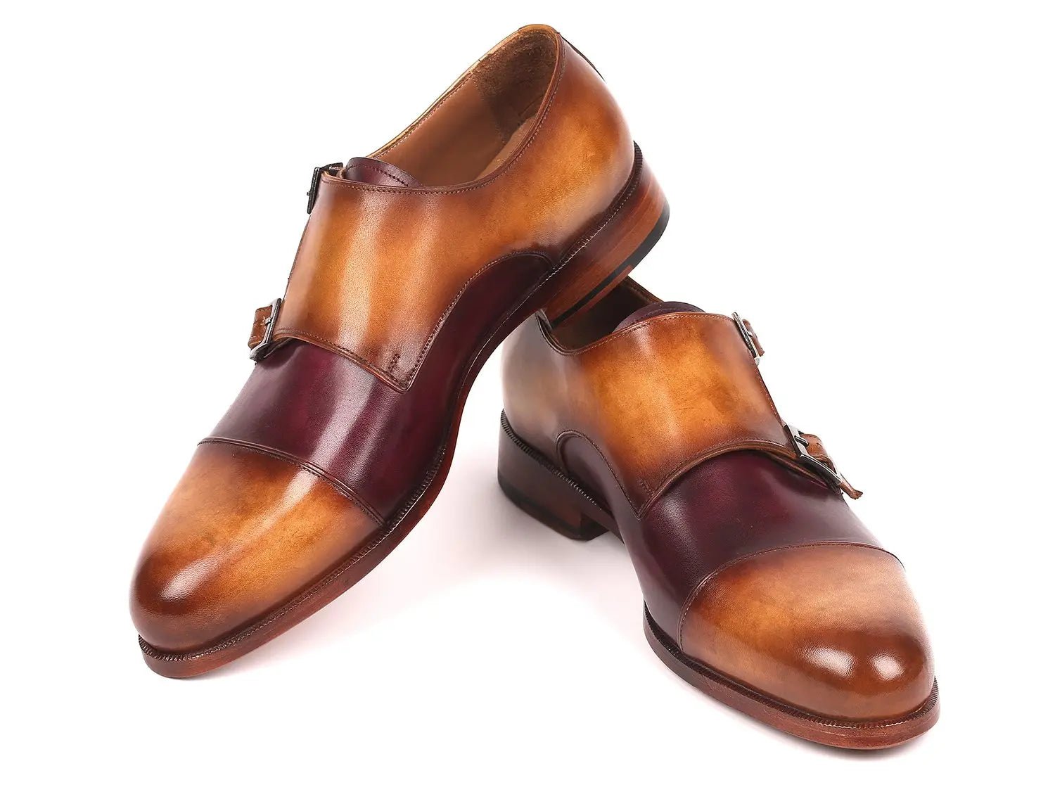 Paul Parkman Men's Brown/Purple Cap Toe Double Monk strap Shoes (ID#045BP17) PAUL PARKMAN