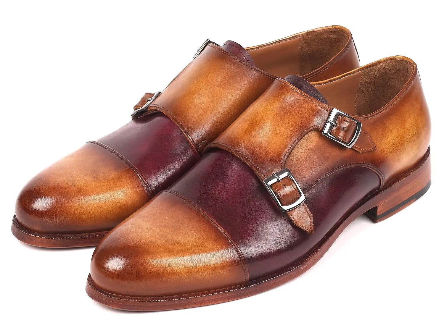 Paul Parkman Men's Brown/Purple Cap Toe Double Monk strap Shoes (ID#045BP17) PAUL PARKMAN