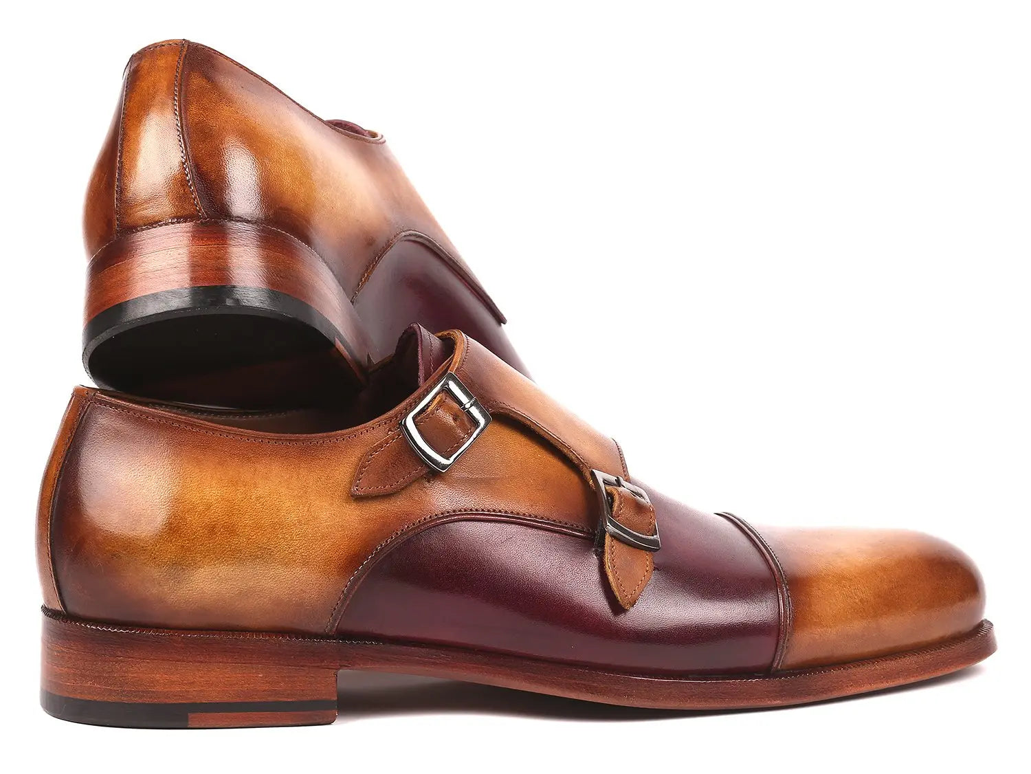 Paul Parkman Men's Brown/Purple Cap Toe Double Monk strap Shoes (ID#045BP17) PAUL PARKMAN