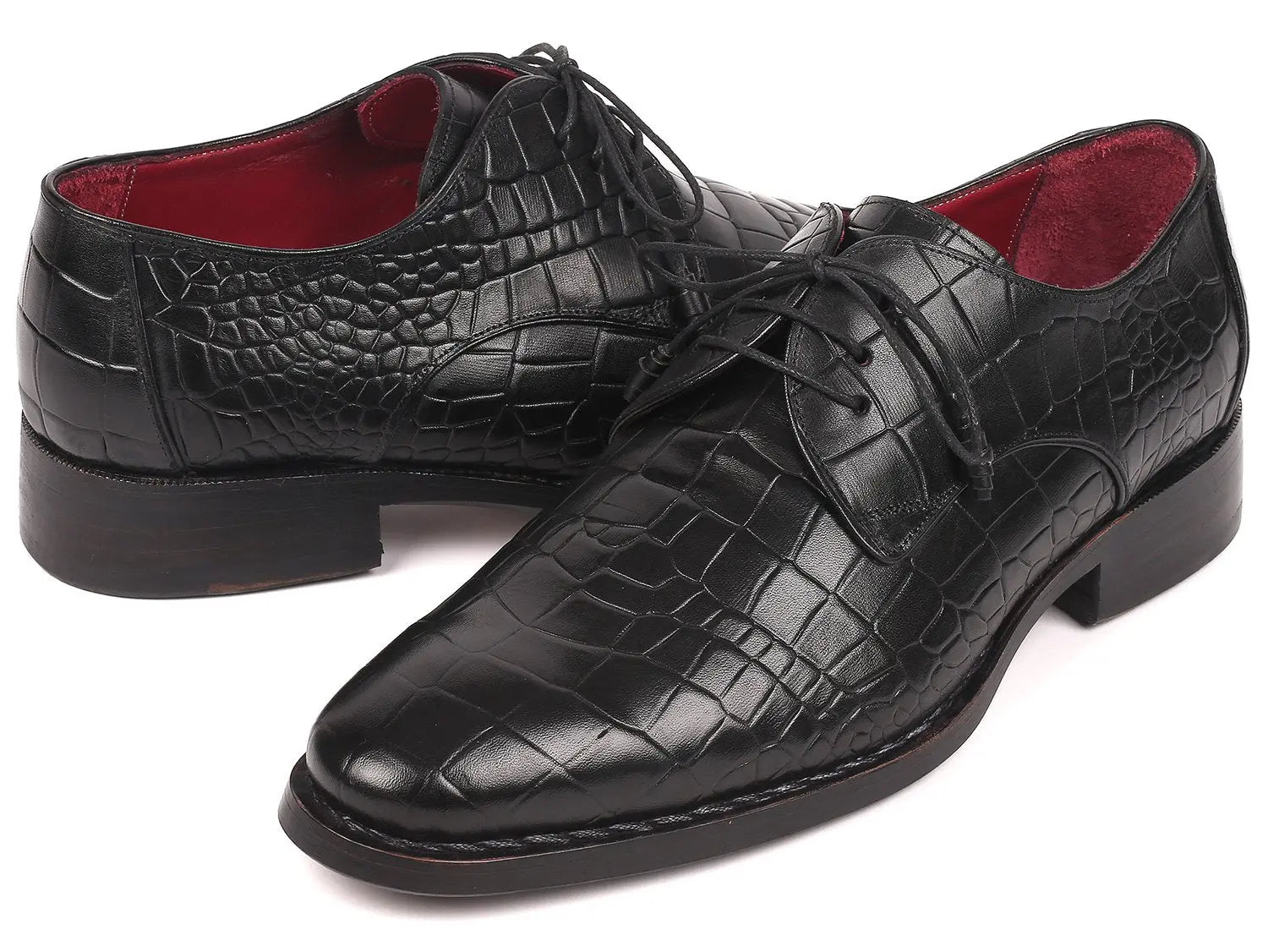 Paul Parkman Men's Black Crocodile Embossed Calfskin Goodyear Welted Derby Shoes (ID#5254BLK) PAUL PARKMAN