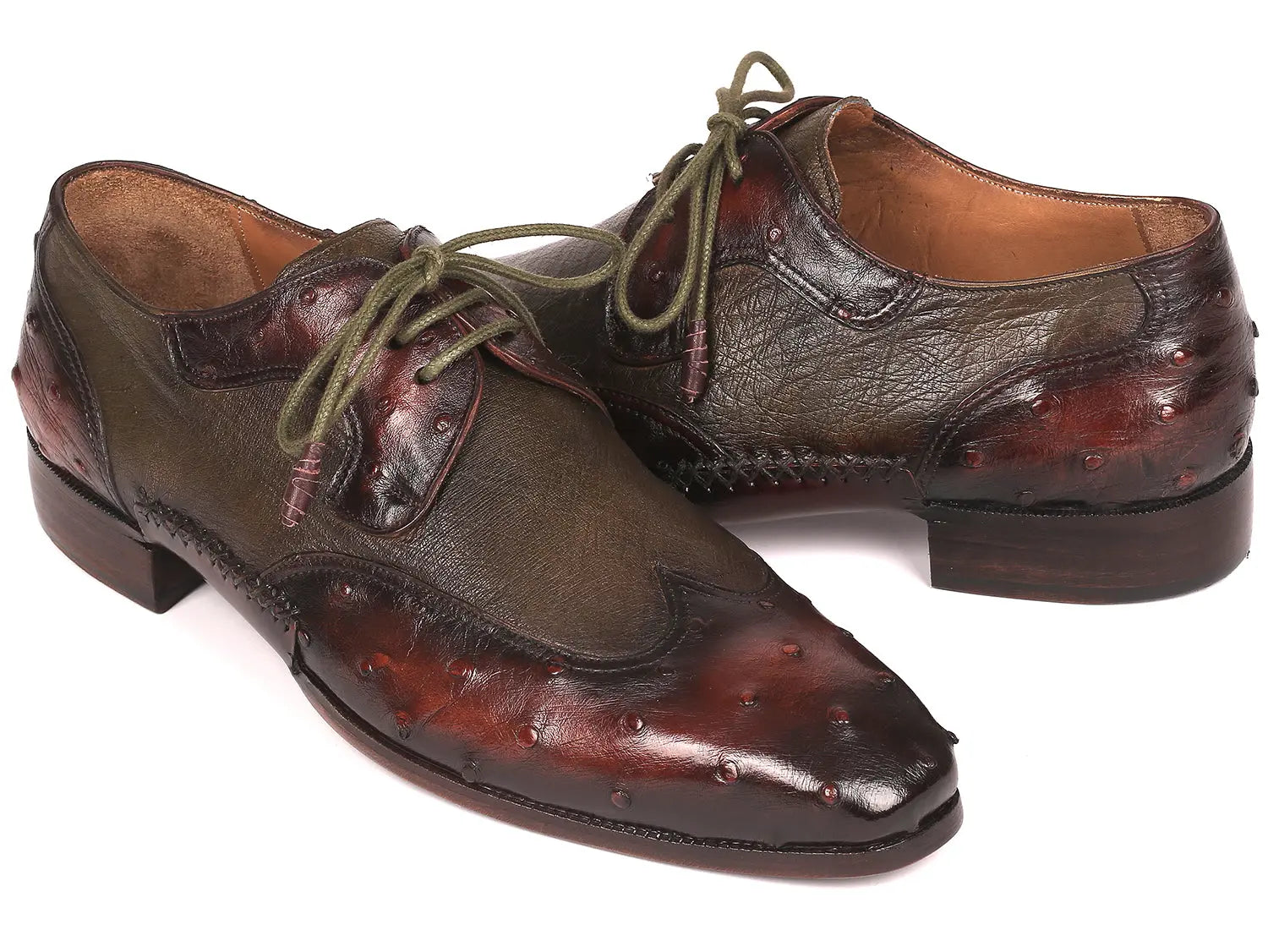 Paul Parkman Men's Brown/Green Genuine Ostrich Skin Wingtip Derby Shoes (ID#844H389) PAUL PARKMAN