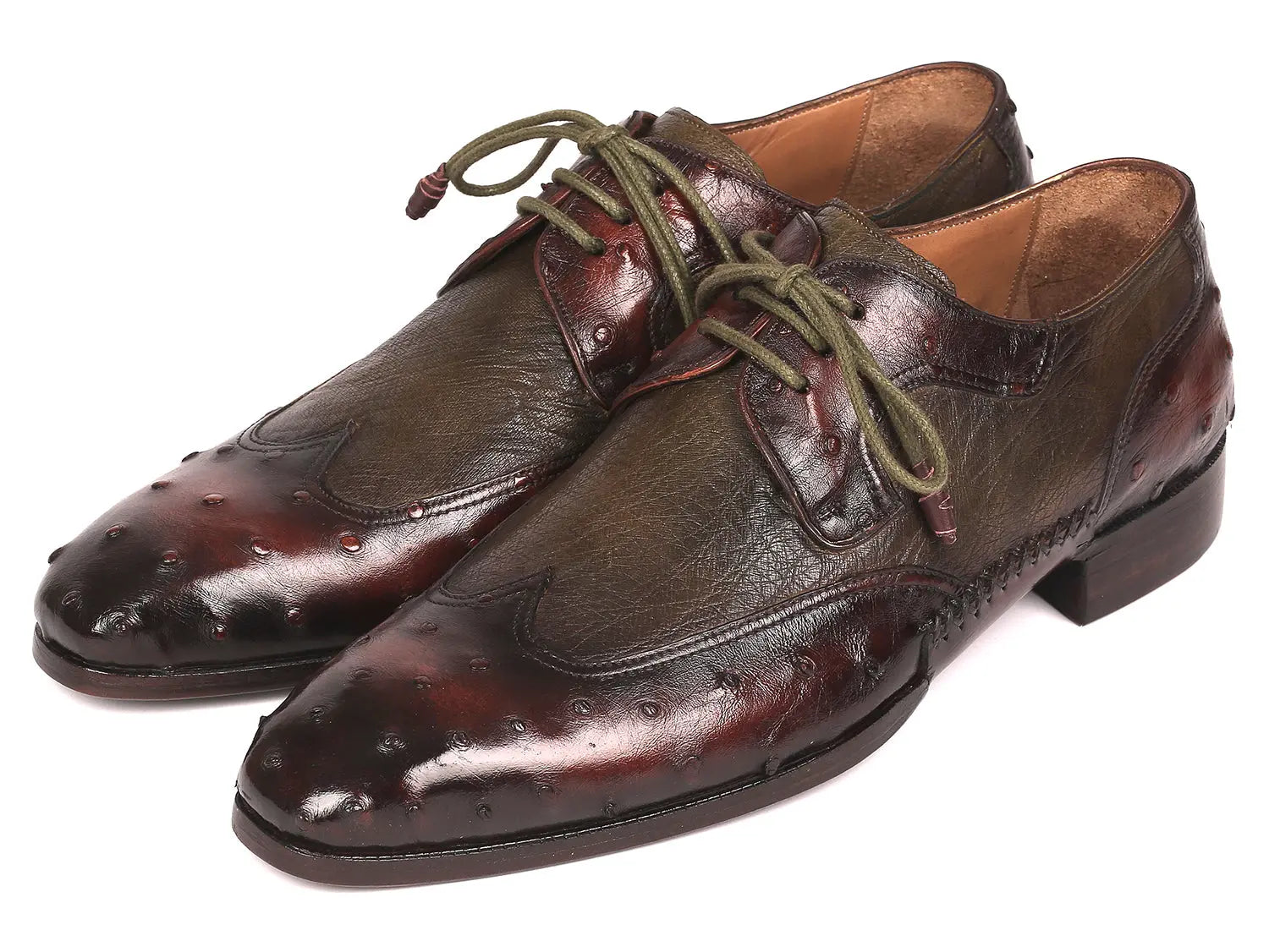 Paul Parkman Men's Brown/Green Genuine Ostrich Skin Wingtip Derby Shoes (ID#844H389) PAUL PARKMAN