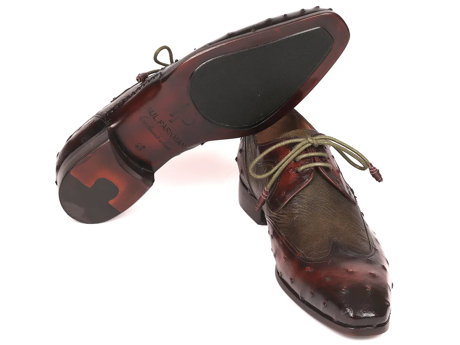 Paul Parkman Men's Brown/Green Genuine Ostrich Skin Wingtip Derby Shoes (ID#844H389) PAUL PARKMAN
