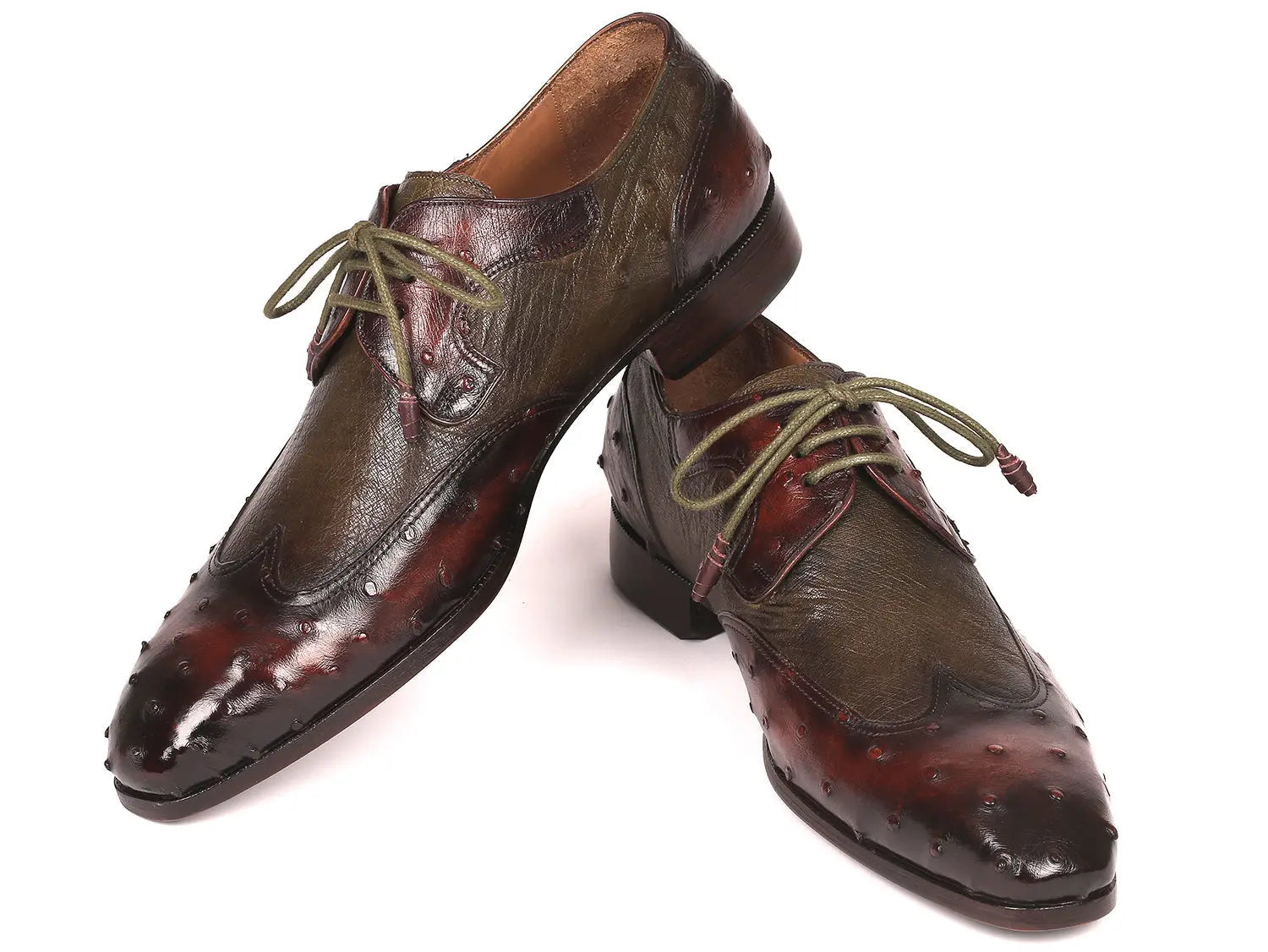 Paul Parkman Men's Brown/Green Genuine Ostrich Skin Wingtip Derby Shoes (ID#844H389) PAUL PARKMAN