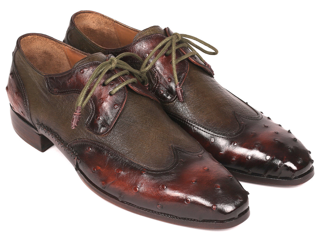 Paul Parkman Ostrich Skin Wingtip Derby Shoes Brown & Green (ID#844H389) PAUL PARKMAN