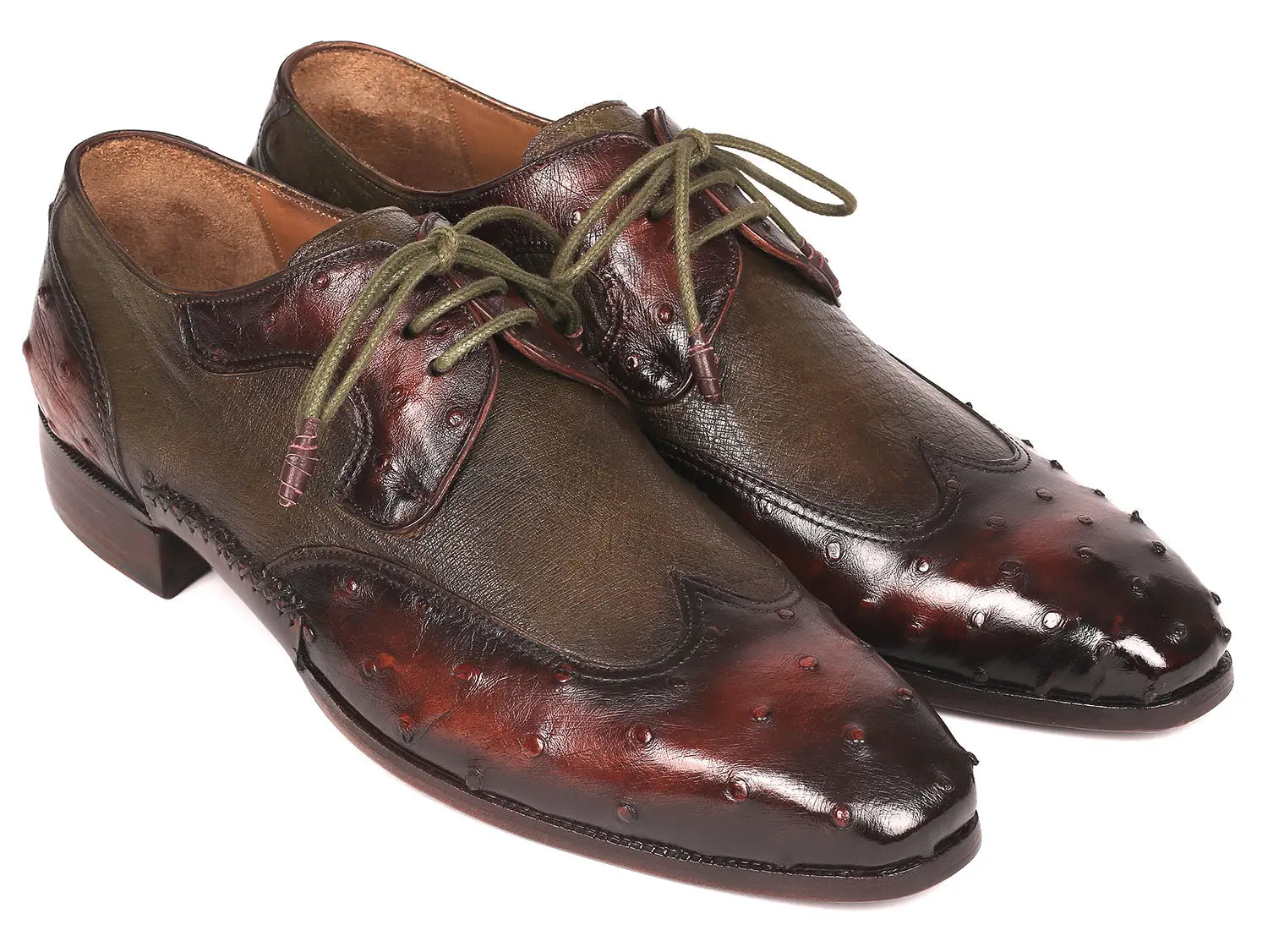 Paul Parkman Men's Brown/Green Genuine Ostrich Skin Wingtip Derby Shoes (ID#844H389) PAUL PARKMAN