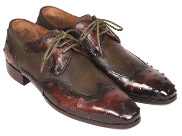 Paul Parkman Men's Brown/Green Genuine Ostrich Skin Wingtip Derby Shoes (ID#844H389) PAUL PARKMAN