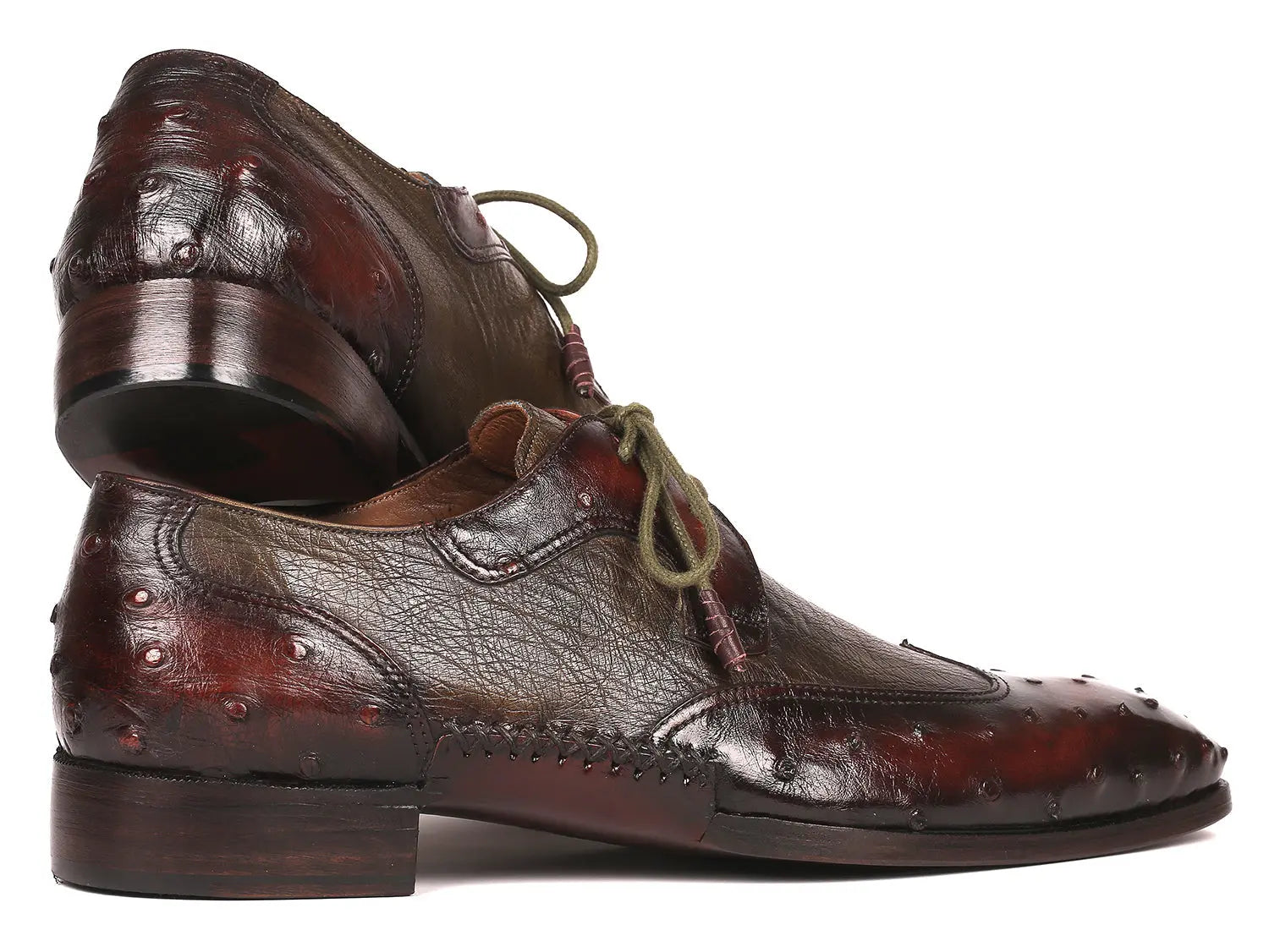 Paul Parkman Men's Brown/Green Genuine Ostrich Skin Wingtip Derby Shoes (ID#844H389) PAUL PARKMAN