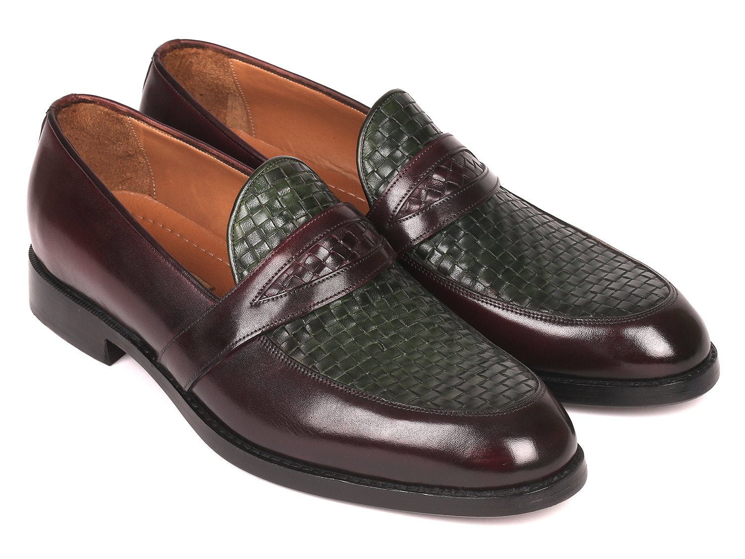 Paul Parkman Woven Leather Loafers Brown & Green (ID#548LF832)