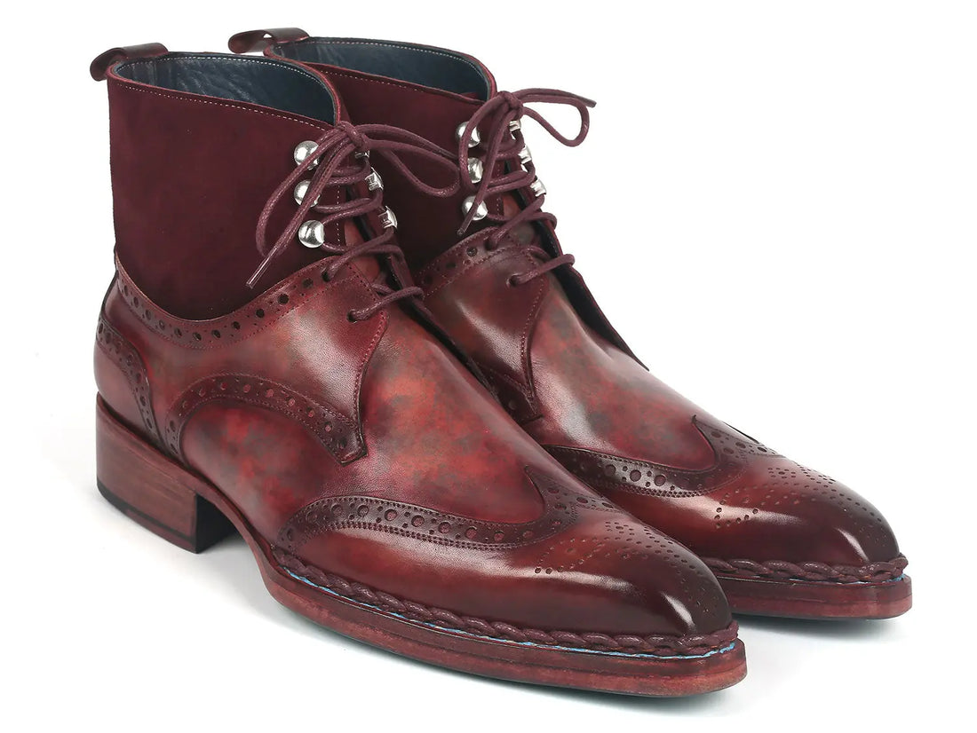 Paul Parkman Men's Burgundy Norwegian Welted Wingtip Genuine Leather and Suede Boots (ID#8509-BUR) PAUL PARKMAN