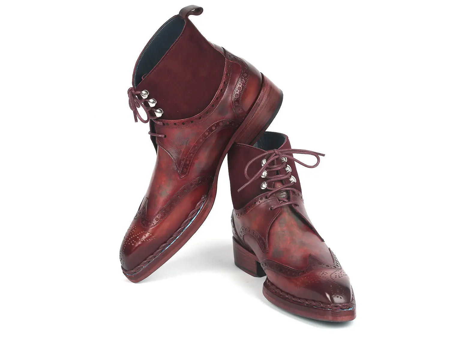 Paul Parkman Men's Burgundy Norwegian Welted Wingtip Genuine Leather and Suede Boots (ID#8509-BUR) PAUL PARKMAN