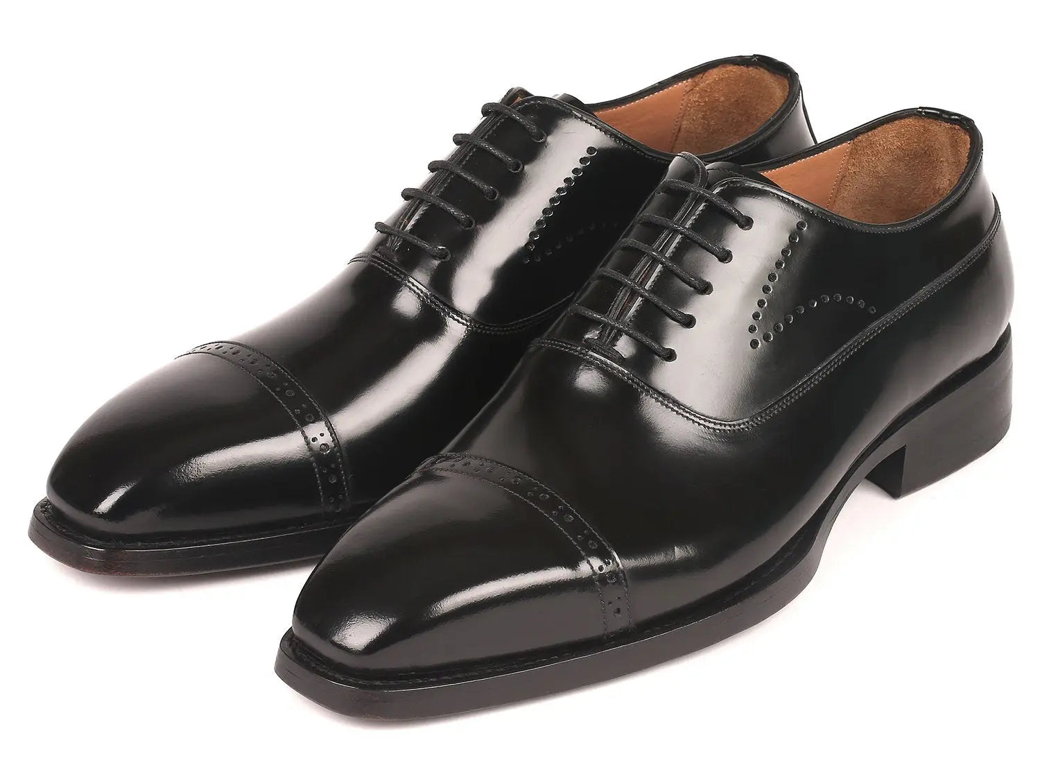 Paul Parkman Men's Black Polished Genuine Leather Goodyear Welted Cap Toe Oxfords (ID#056BLK84) PAUL PARKMAN