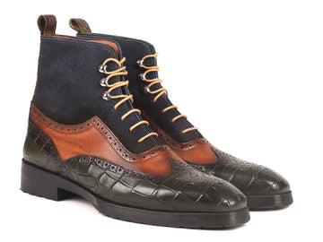Paul Parkman Three Tone Green/Brown/Navy Rubber Sole Wingtip Boots (ID#9735GBN) PAUL PARKMAN