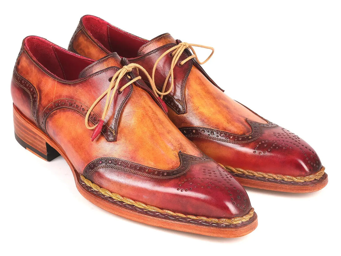 Paul Parkman Men's Red/Camel Norwegian Welted Wingtip Derby Shoes (ID#8506-CML) PAUL PARKMAN