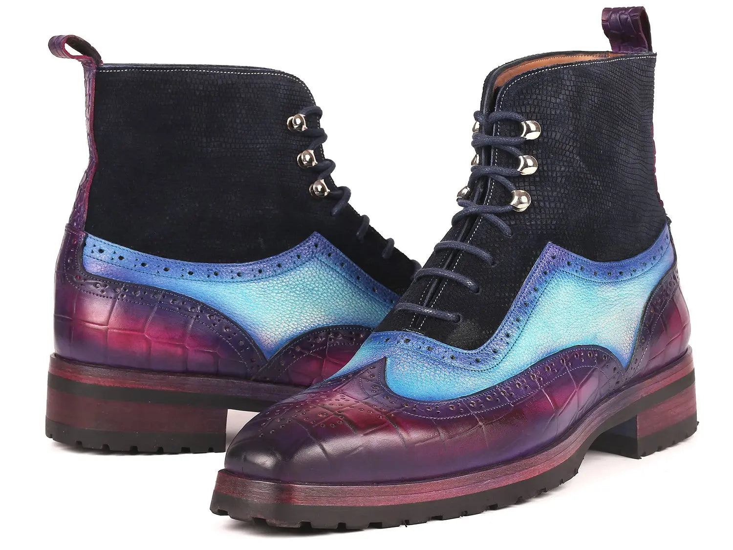 Paul Parkman Men's Three Tone Purple/Light Blue/Navy Rubber Sole Wingtip Boots (ID#9736PTN) PAUL PARKMAN